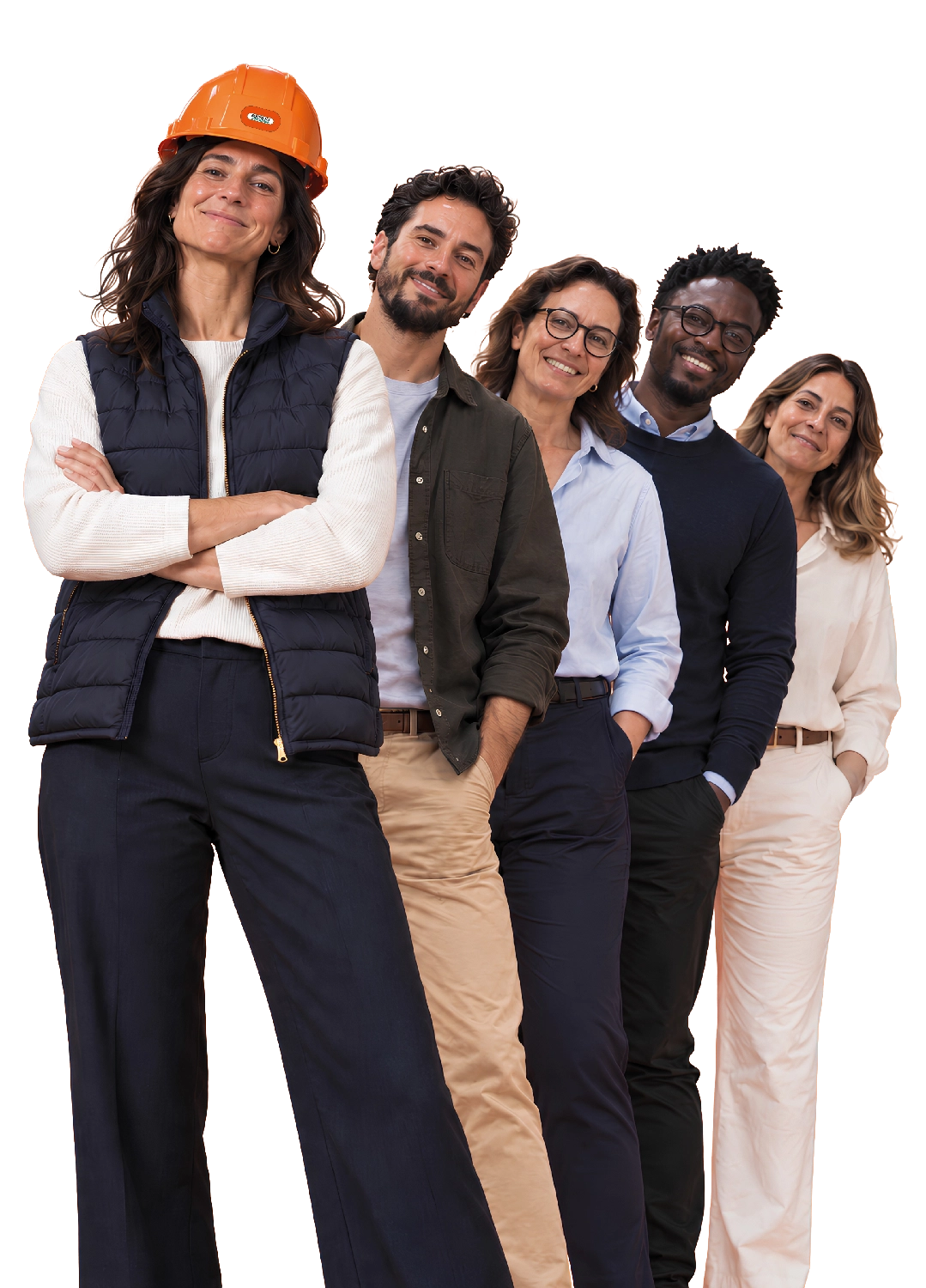 Six collaborateurs souriants, alignés en diagonale